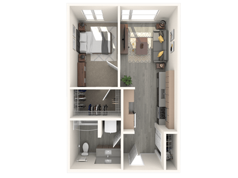 Floor plan for 1 bed, 1 bath, 593 sqft
